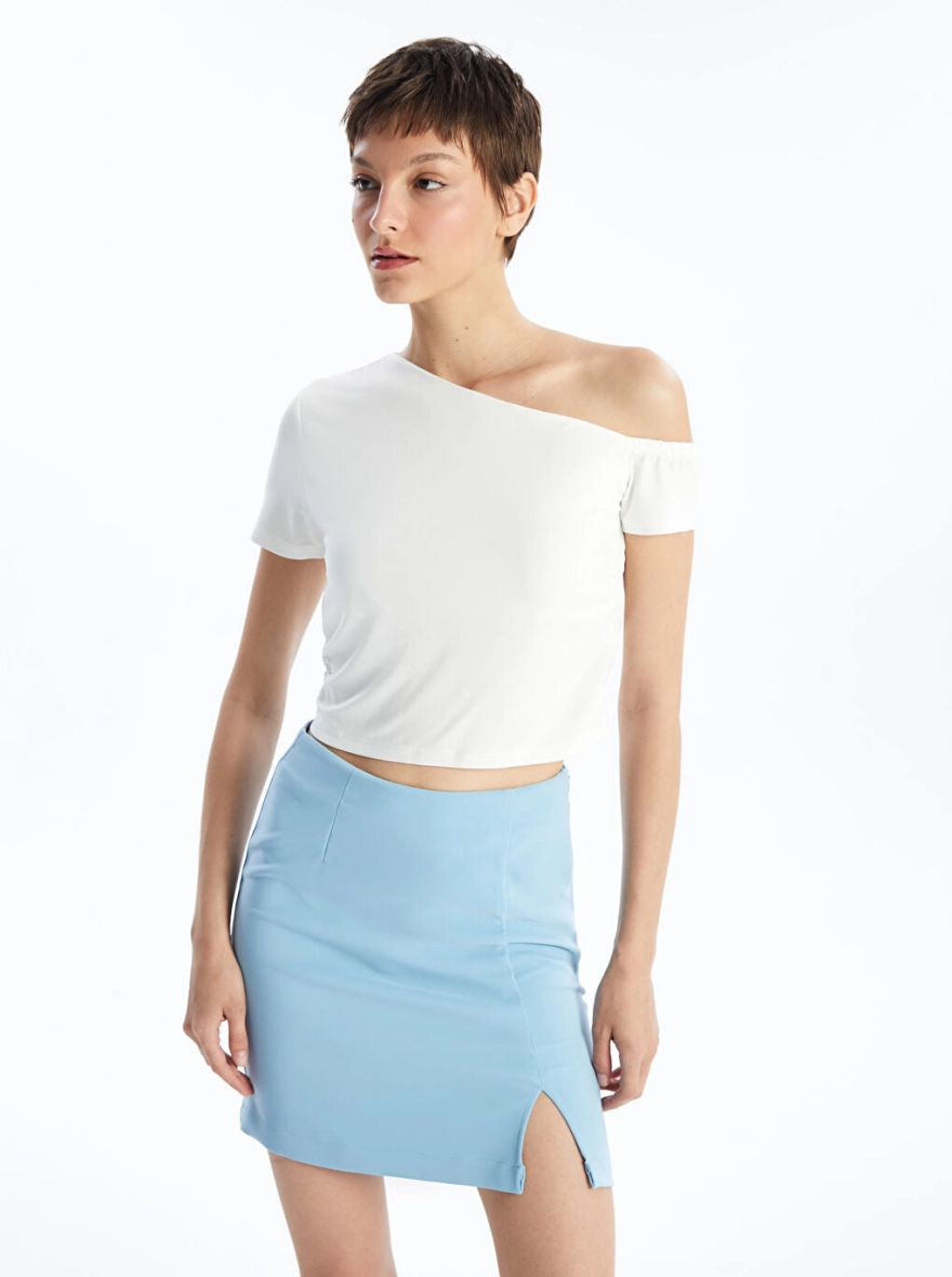 Slash Neck Plain Short Sleeve Crop Tops | White
