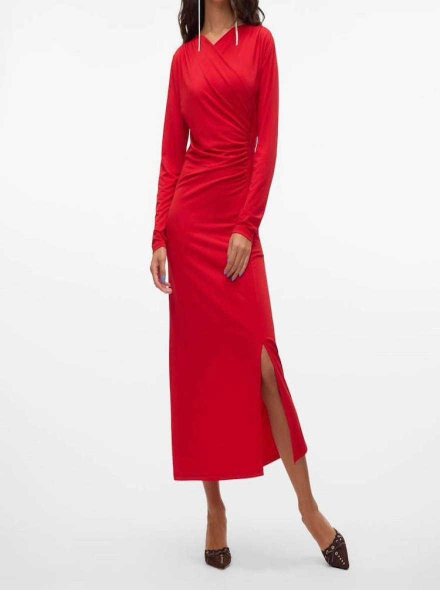 Red V-Neck Jersey Midaxi Dress | Long Sleeve Women’s Dress