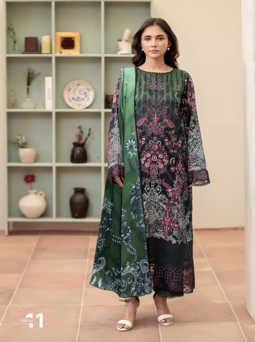 Charcoal & Forest Green Floral Embroidered Unstitched 3-Piece Lawn Suit