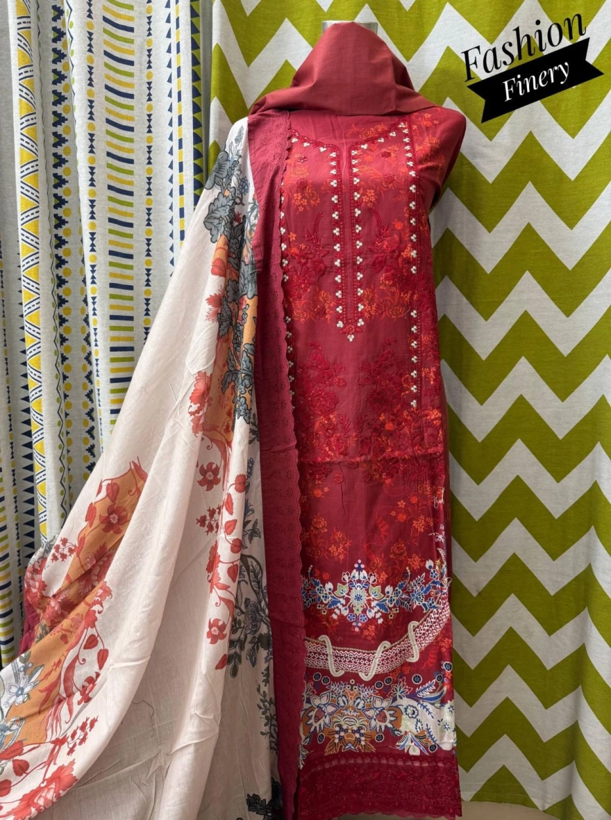 Royal Burgundy Floral Embroidered Organza Set