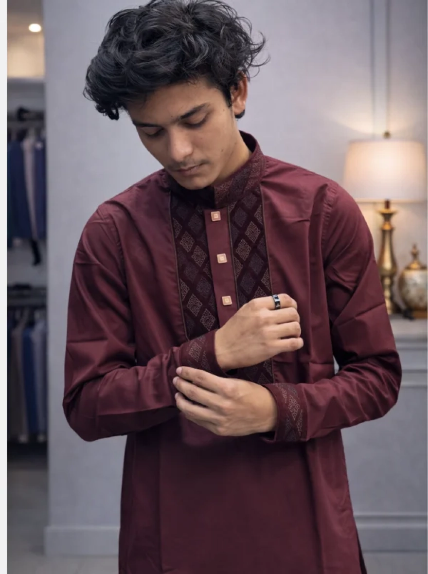 Imperial Maroon Premium Cotton Embroidery Panjabi