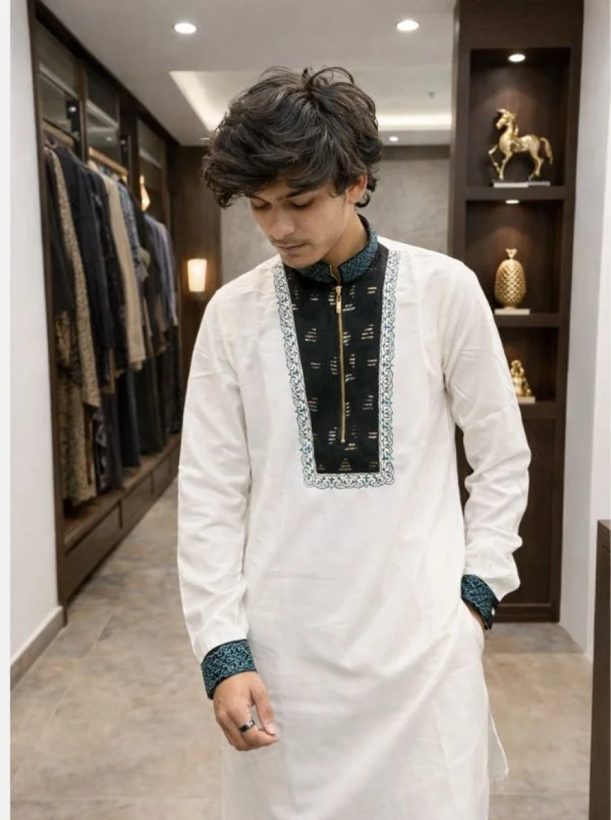 Emerald Green Premium Cotton Embroidery Panjabi