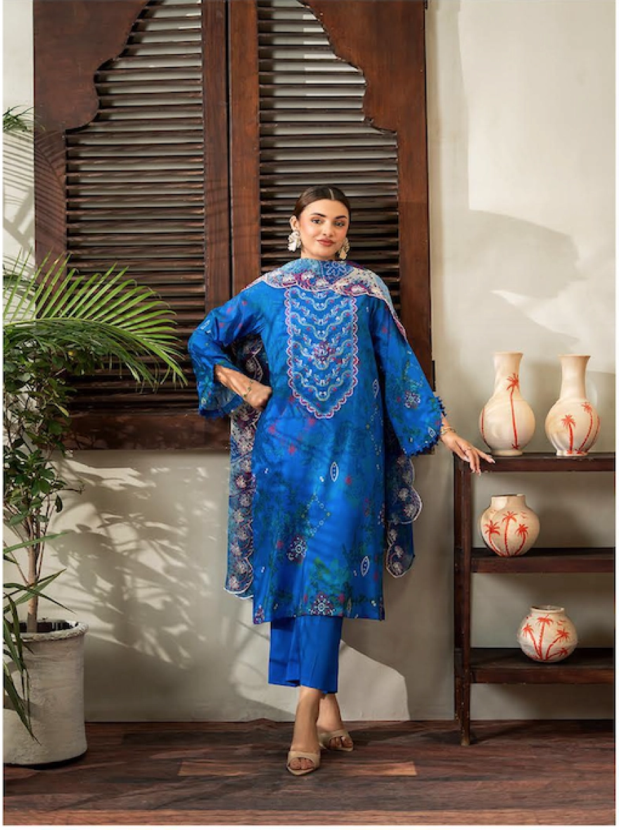 Royal Azure Embroidered 3-Piece Lawn Suit with Cut-Work Chiffon Dupatta
