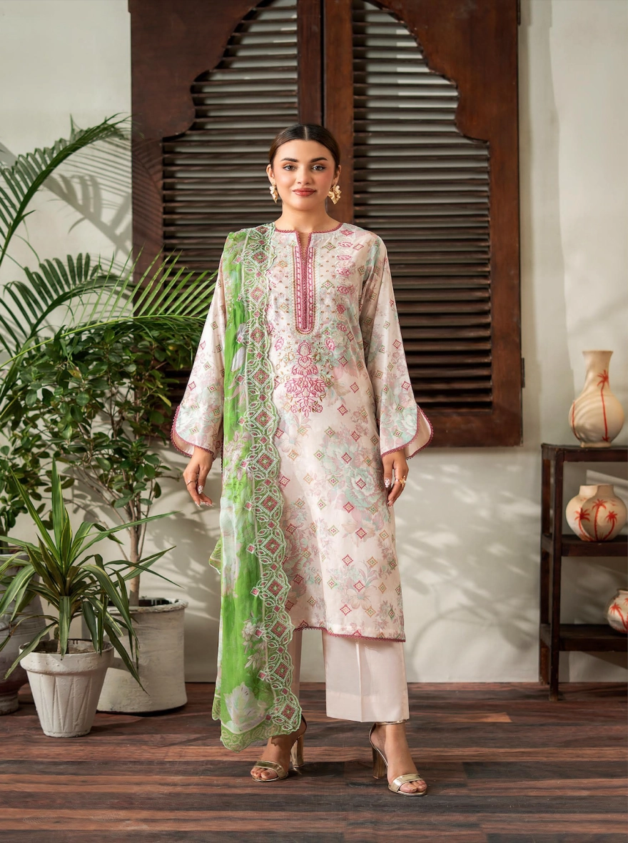 Seafoam & Azure Embroidered 3-Piece Lawn Suit with Cut-Work Chiffon Dupatta
