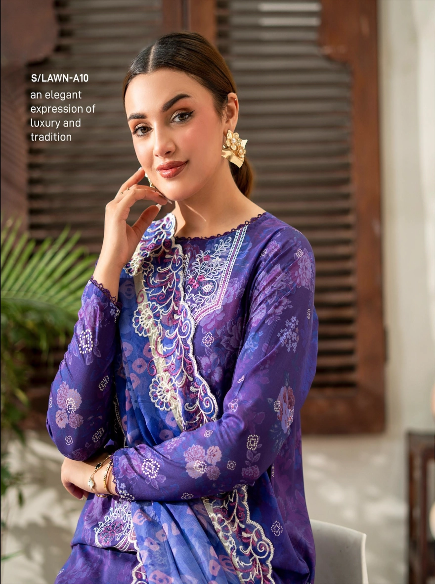 Violet Verve Embroidered 3-Piece Digital Lawn Suit with Cut-Work Chiffon Dupatta