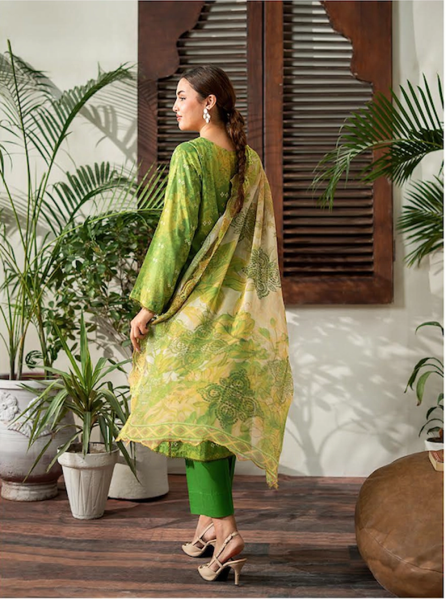 Verdant Bloom Embroidered 3-Piece Lawn Suit with Cut-Work Chiffon Dupatta
