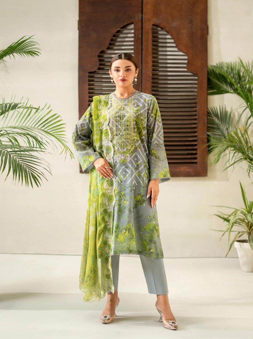 Slate Grey & Lime Zest Embroidered 3-Piece suit with Cut-Work Chiffon Dupatta