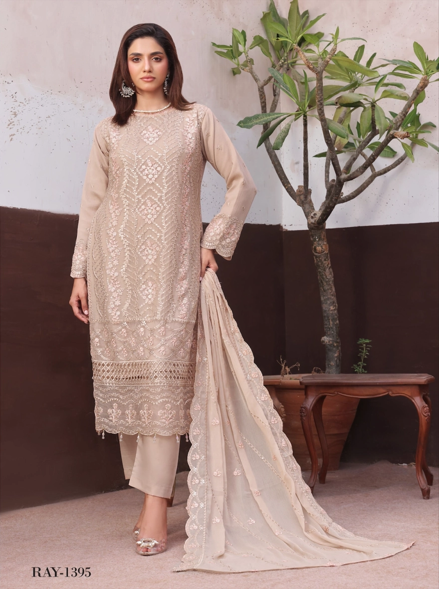 Sandstone Grace Embroidered Chiffon 3-Piece Festive Suit