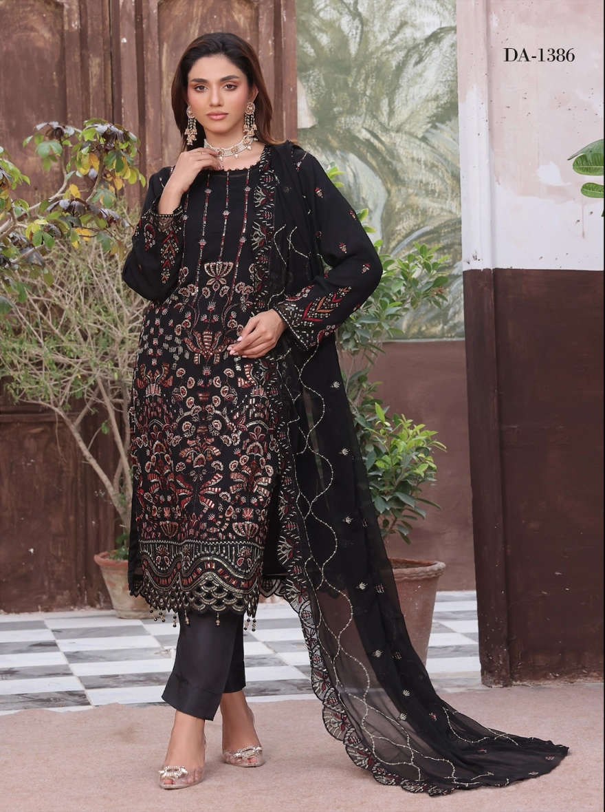 Obsidian Elegance Embroidered Chiffon 3-Piece Festive Suit