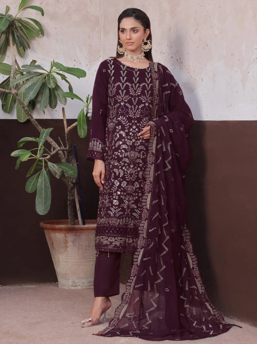 Velvet Wine Embroidered Chiffon 3-Piece Festive Suit