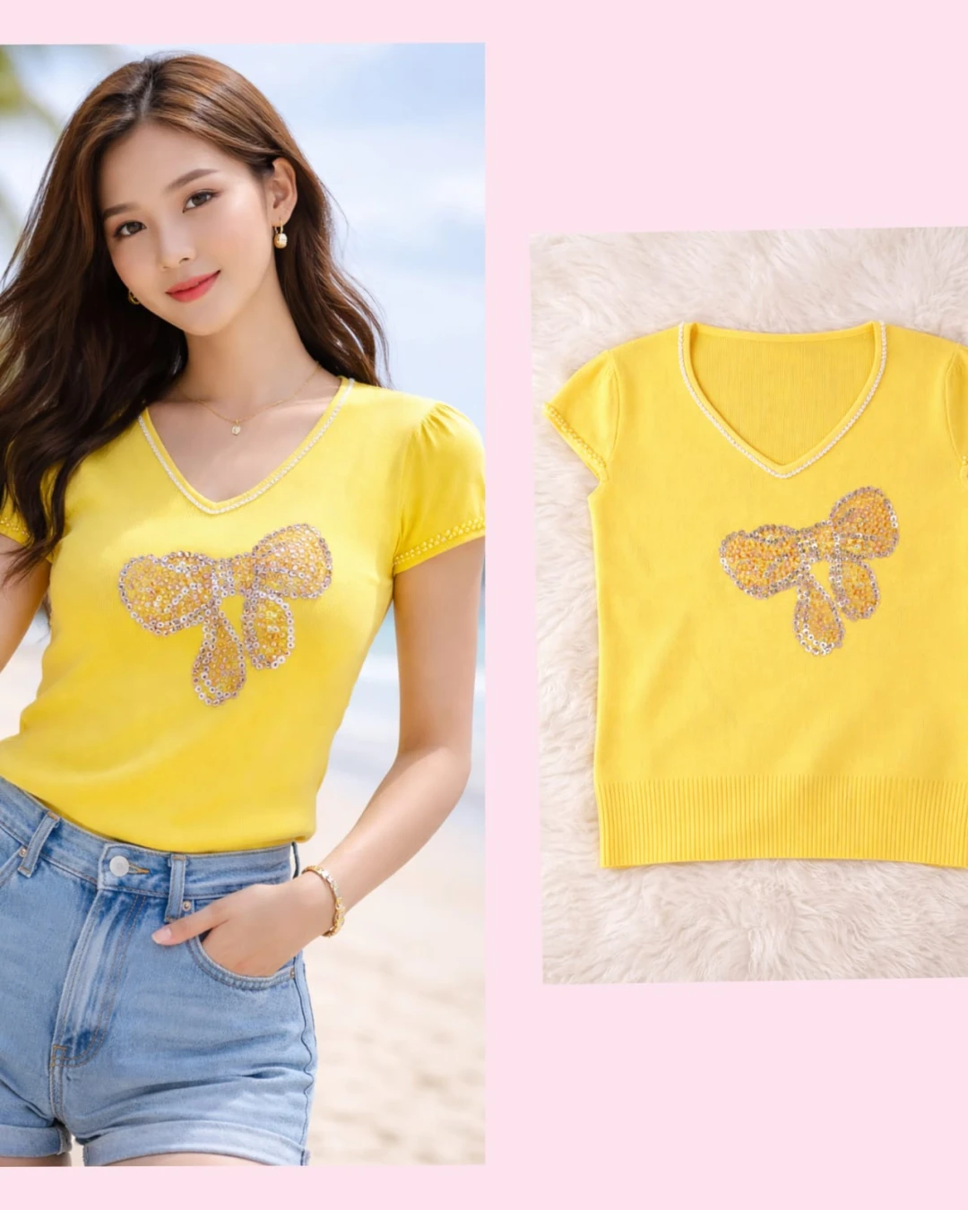 Sunny V-Neck Short Sleeve Knit with Sequin Bow Detail