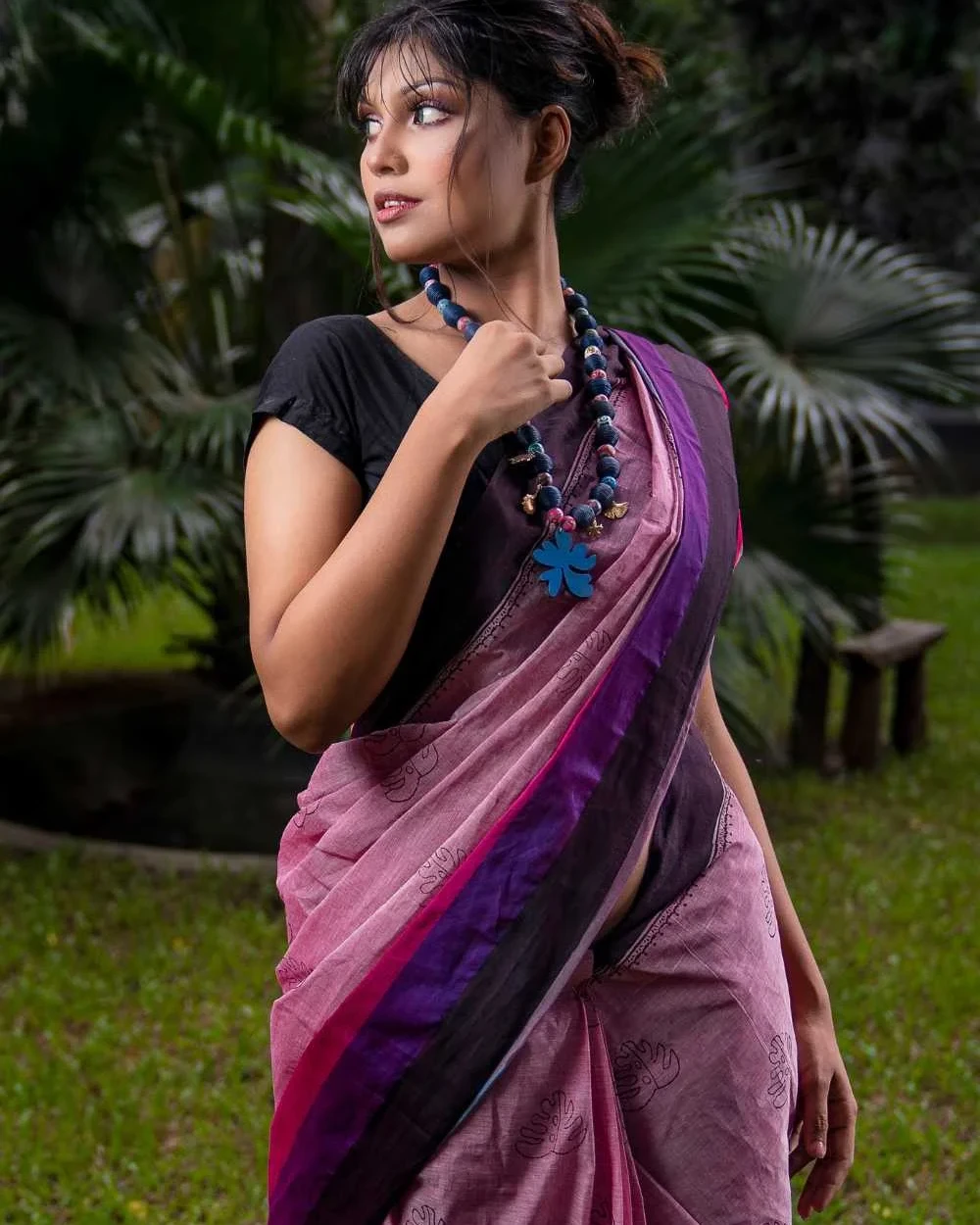 Blue Fern Leaf on Purple Saree