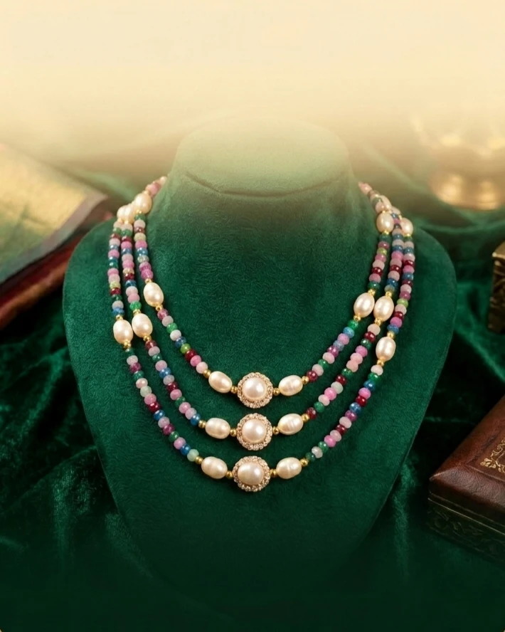 Original Pearl & Original Stone Combination 3 layer Necklace 