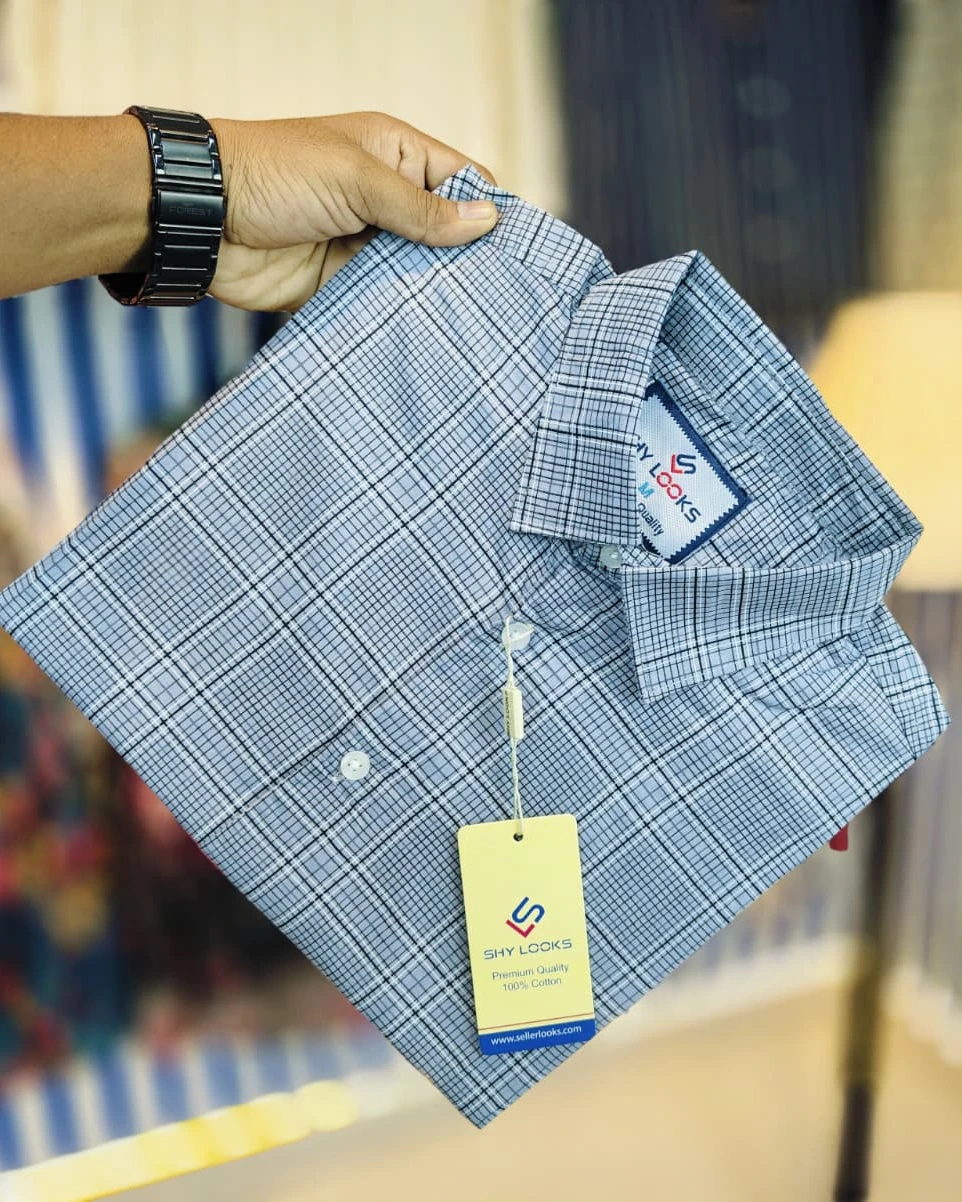 Steel Blue Glen Plaid Cotton Shirt
