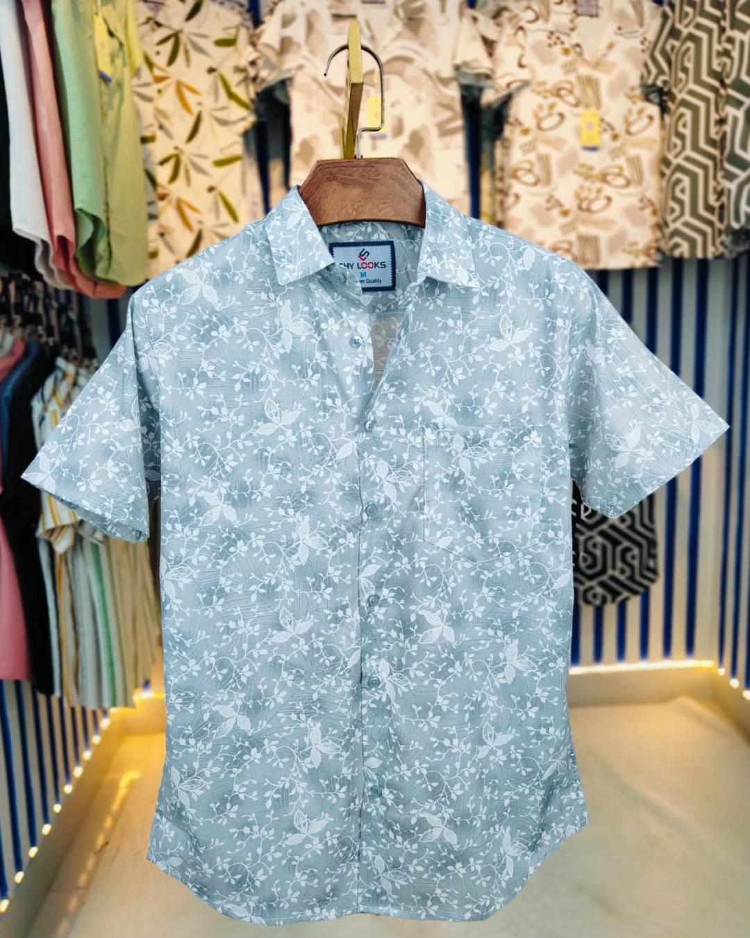 Arctic Blue Vine Print Pure Cotton Half-Sleeve Shirt