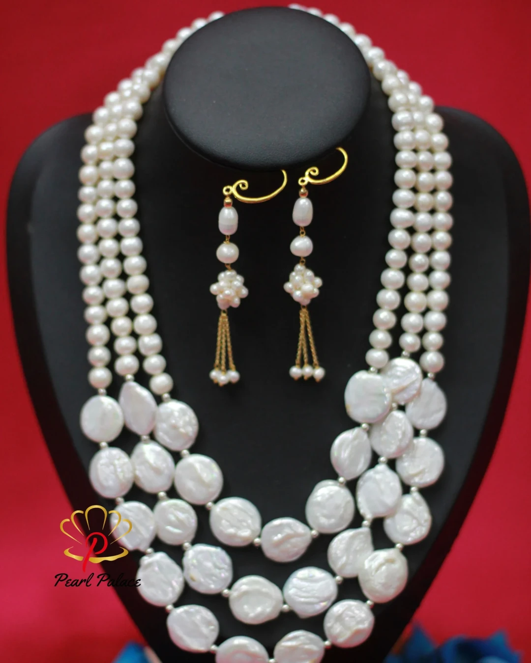 Coin Pearl & Freshwater Pearl Necklace with Earring Set – Layer 3