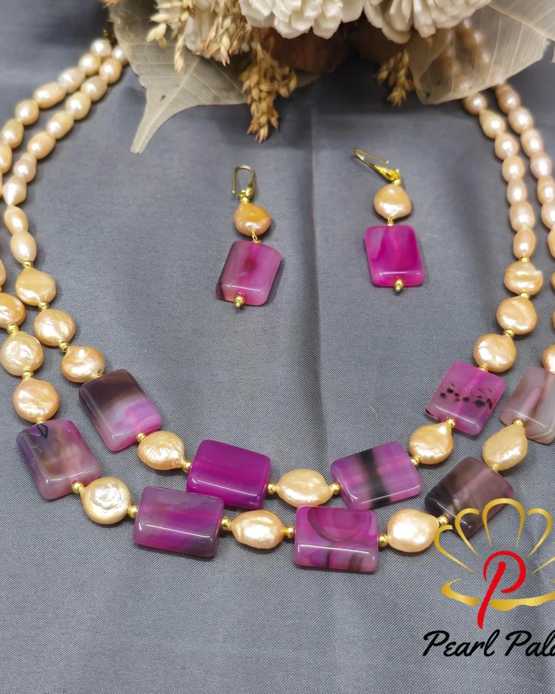 Rice pearl & coin pearl , Rubi stone 2 layer necklace with earring