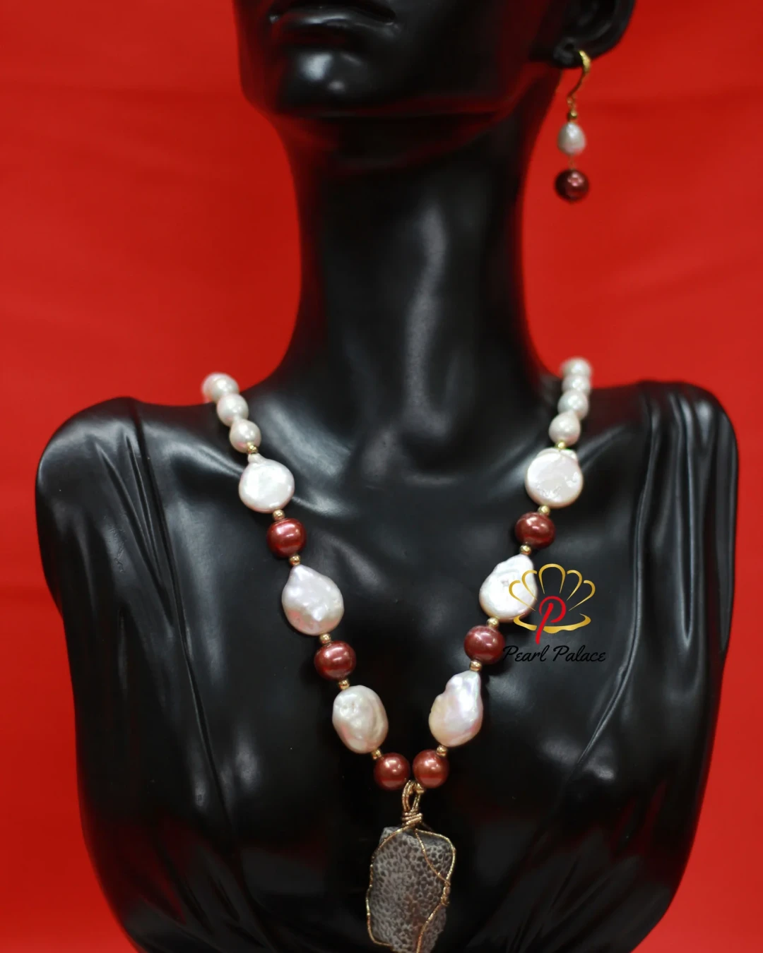Rice pearl ,coin pearl, with coral seed stone pendant