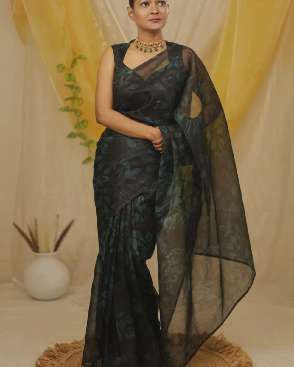 Midnight Foliage Premium Tangail Muslin Saree
