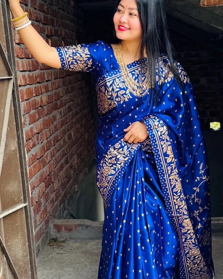 Royal Blue Floral Banarasi Saree