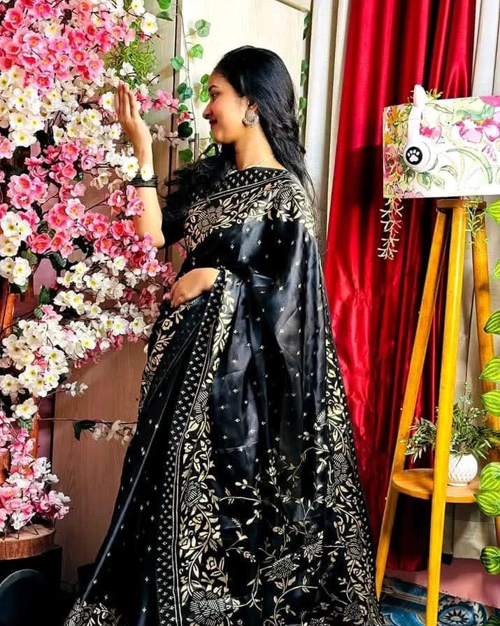 Midnight Onyx Floral Saree