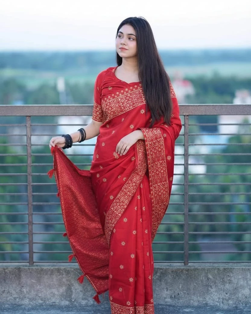 Crimson Dawn Blossom Saree
