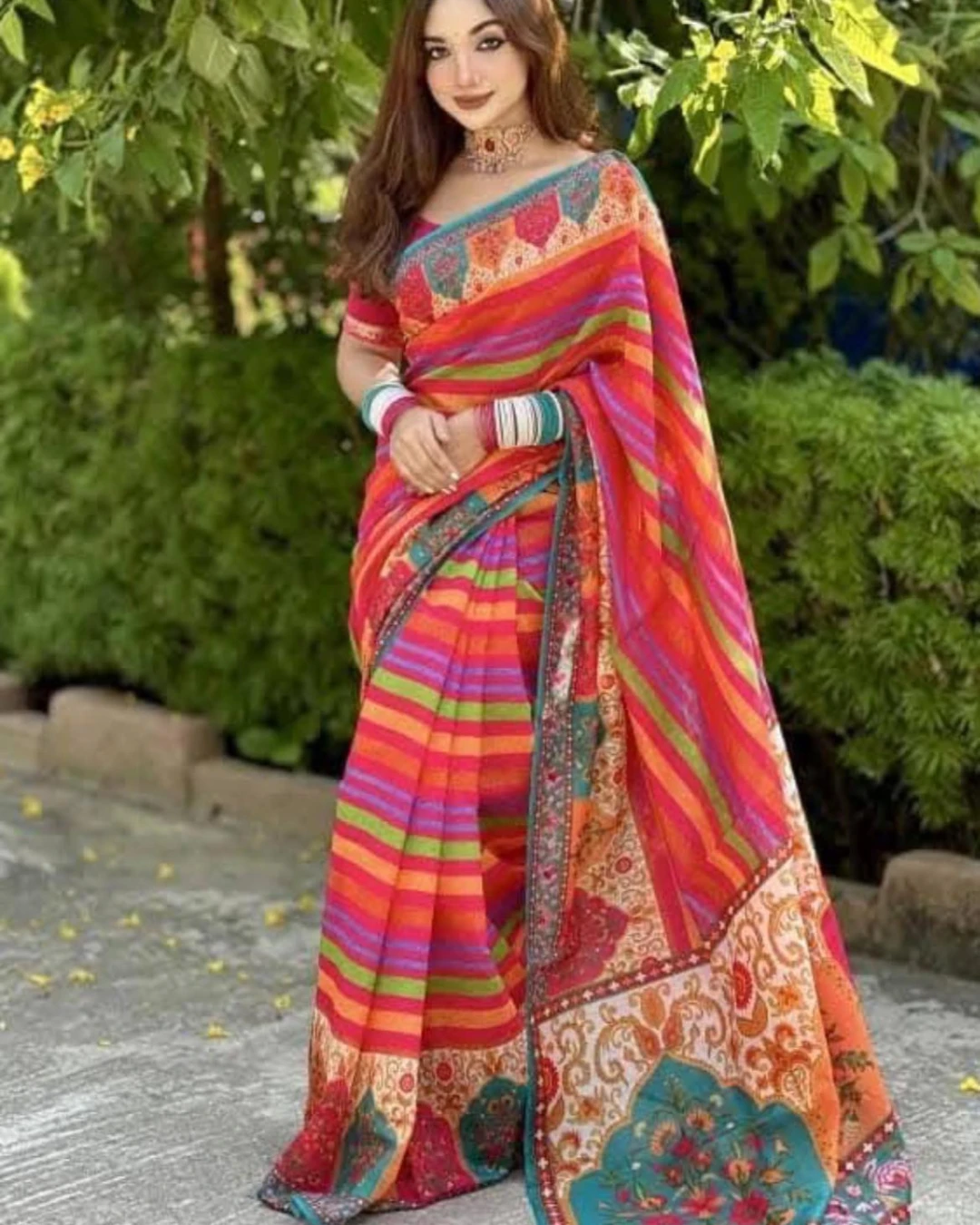 Multicolor Striped Floral Tanduri Silk Saree
