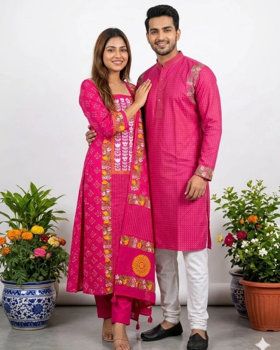 Fuschia Pink Floral Border Couple Set