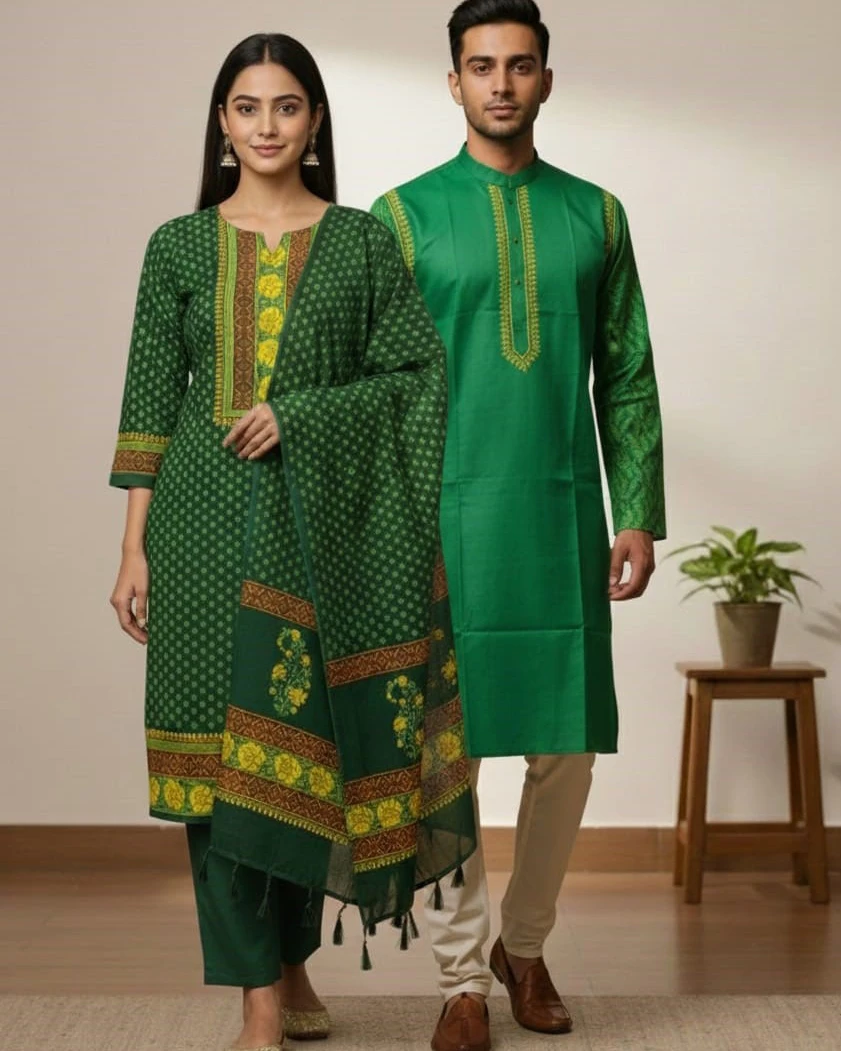 Emerald Green Bandhani Style Couple Set