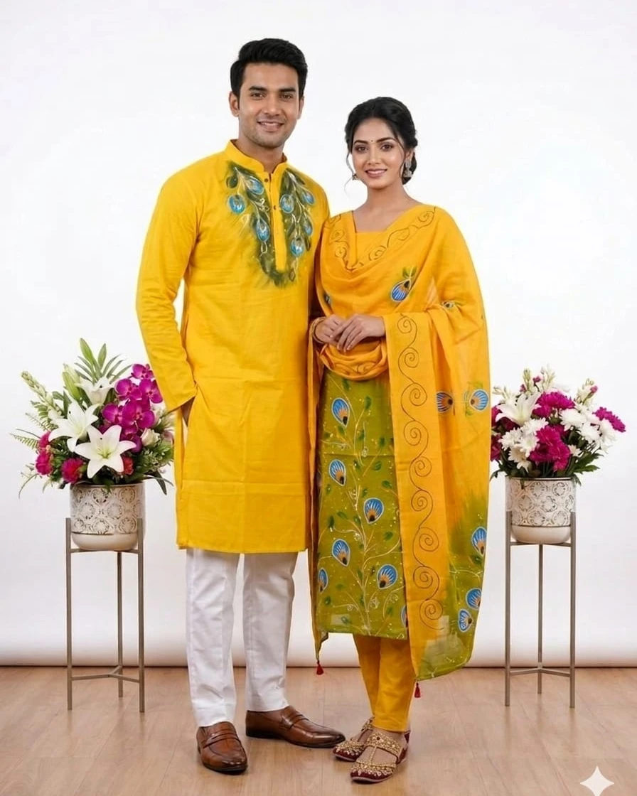 Majestic Peacock Hand-Painted Mustard & Olive Set