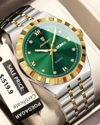 Poedagar Royal Emerald – Two-Tone Roman Numeral Luxury Watch