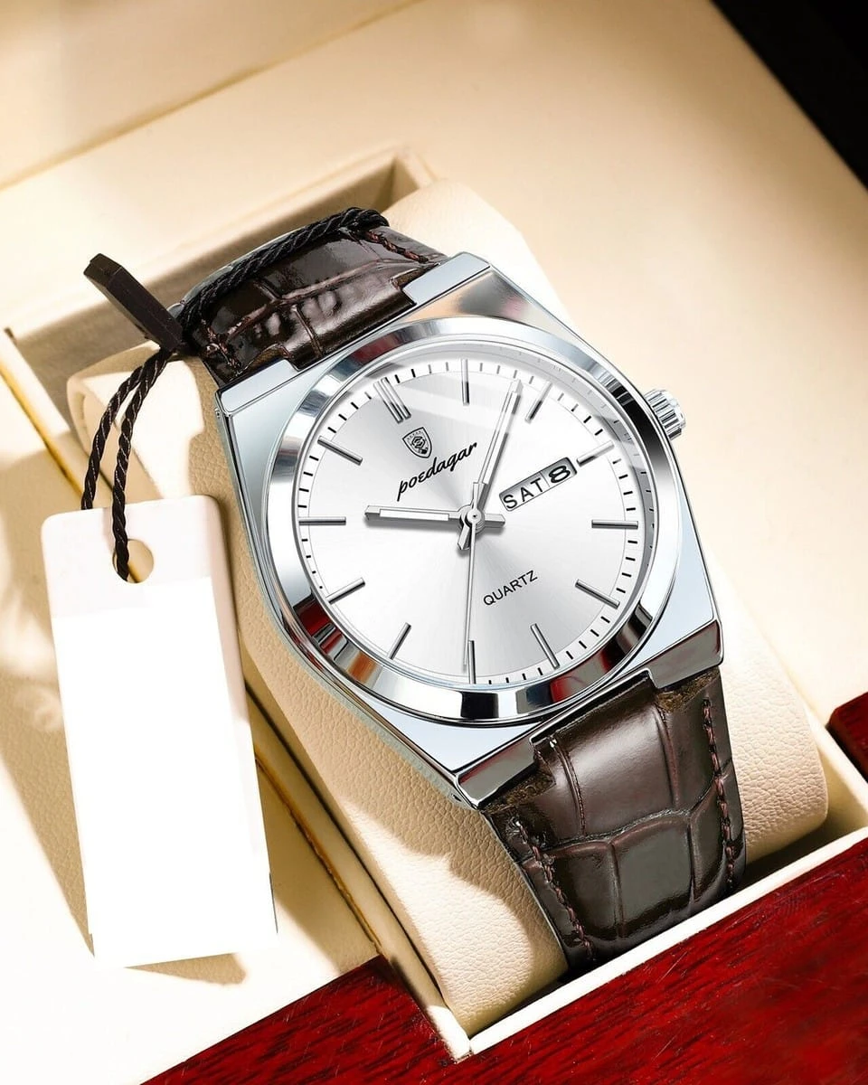 Poedagar Heritage Silver – Men’s Executive Brown Leather Watch