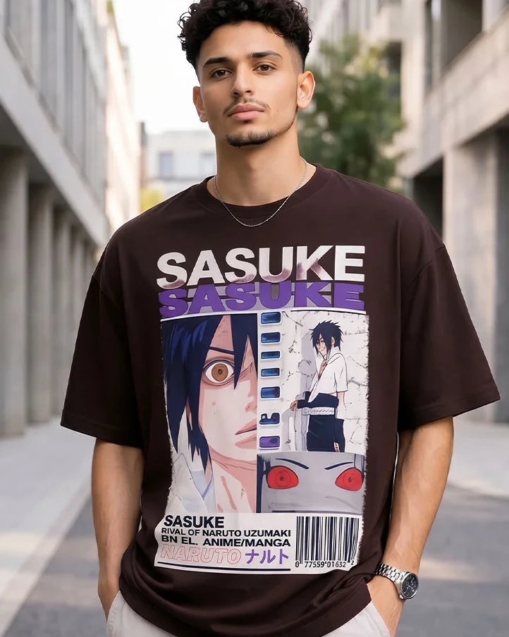 Sasuke Anime Statement Drop Shoulder T-Shirt-Black Coffee