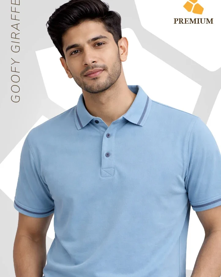 GoofyGiraffe”Premium Stripe Collar” Sky Blue Polo T-Shirt
