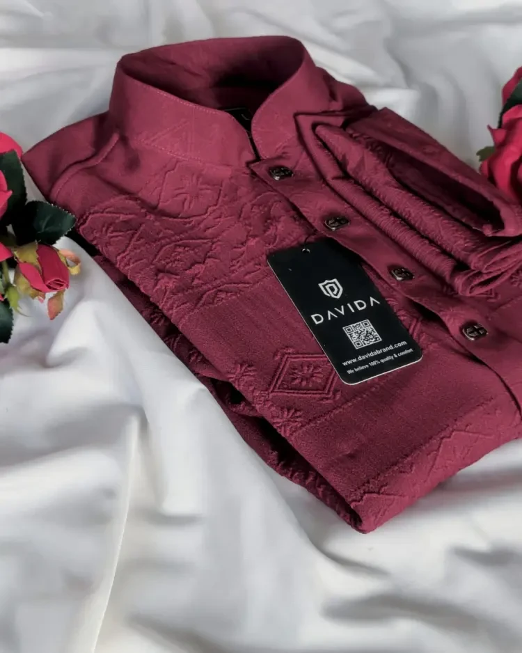 Chinese Embossed Cotton Panjabi (Maroon)
