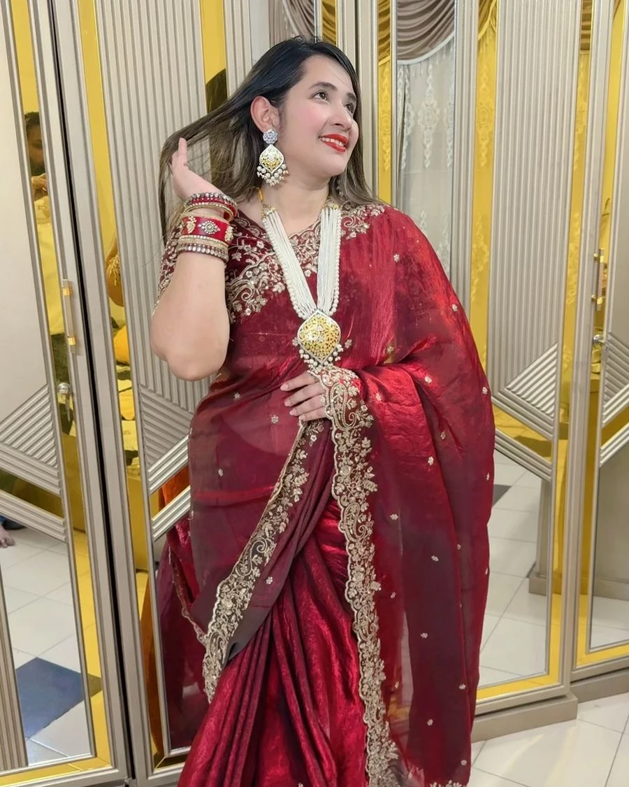 Crimson Elegance Multi-Sequence Saree Set