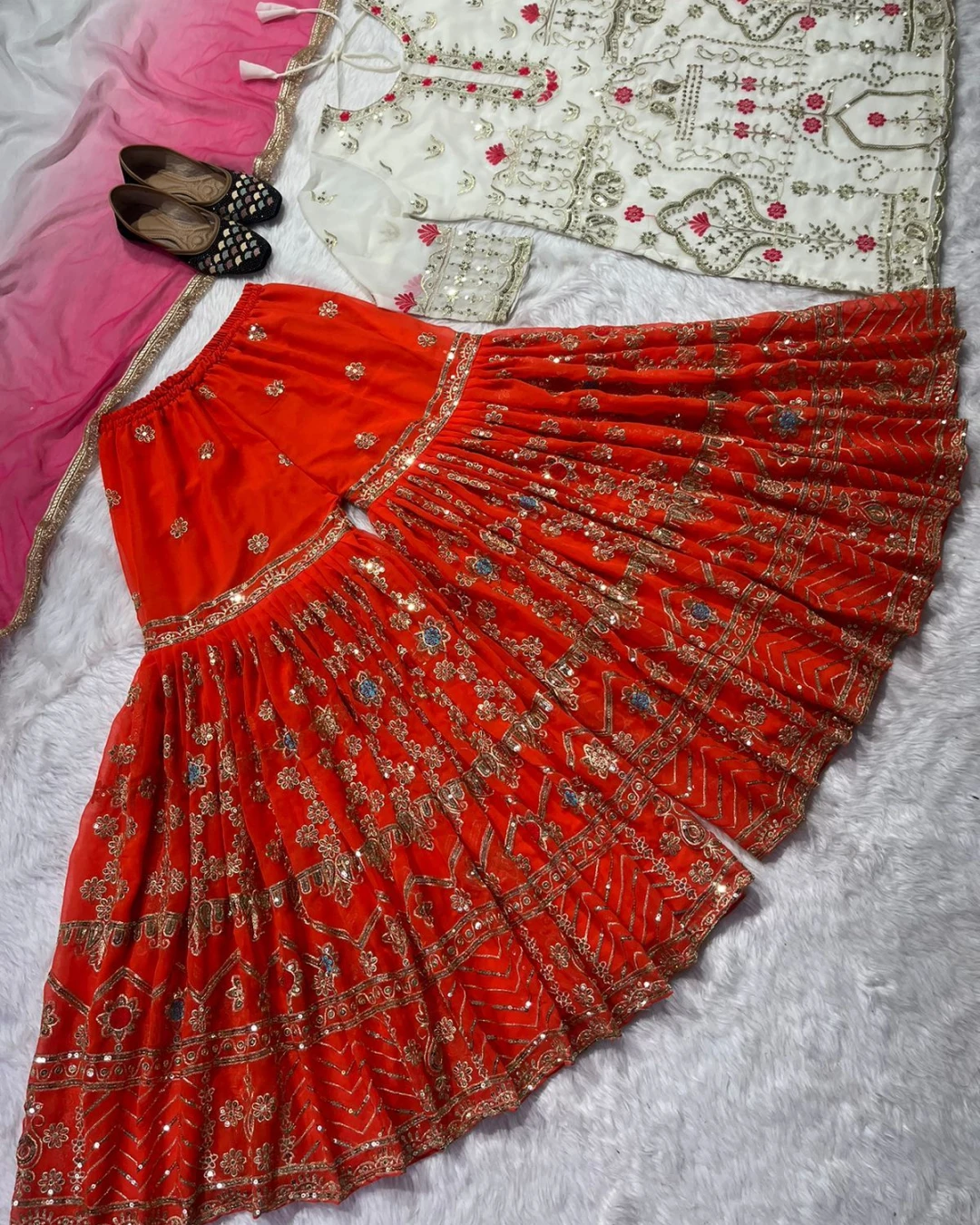 Ivory & Crimson Flare Sharara Set