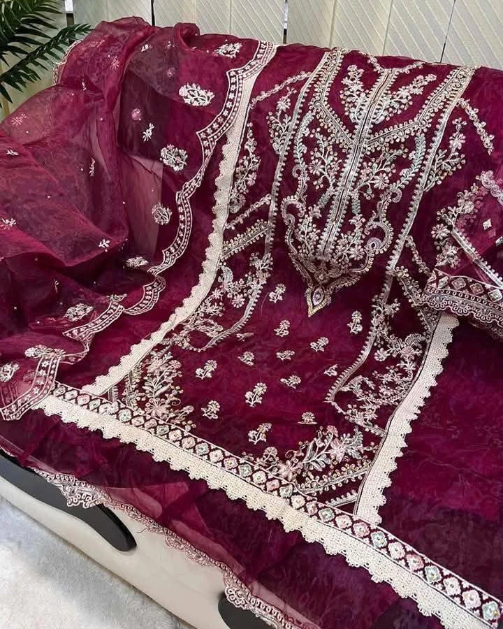 Imperial Wine Pearl Organza Unstitched Suite