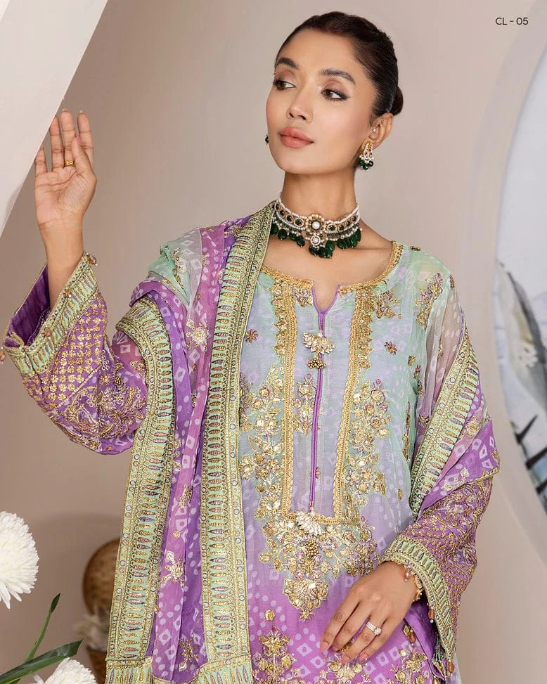 Lilac & Mint Hand-Embellished Chiffon Suite-Unstitched