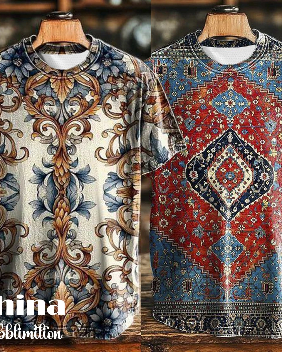 Vintage Abstract Gradient Print Casual Tee 2pics Combo
