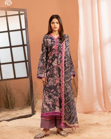 Pakistani Mishaal V3 Unstitched Three Piece Lawn - Charcoal x Pink