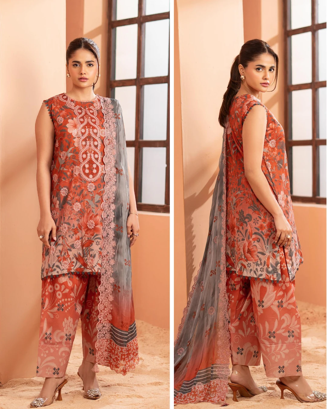 Pakistani Mishaal V3 Unstitched Three Piece Lawn -Terracota