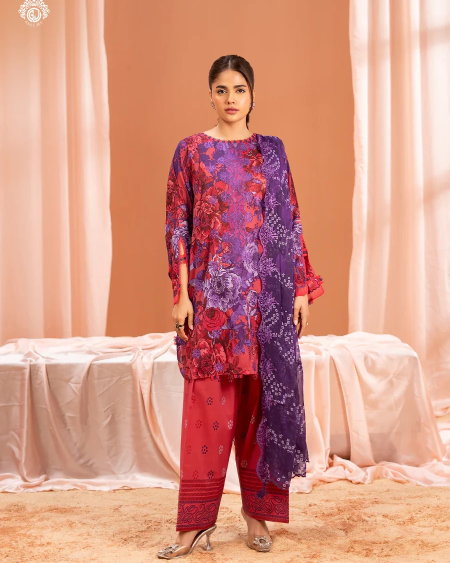 Pakistani Mishaal V3 Unstitched Three Piece Lawn -Red x Violet