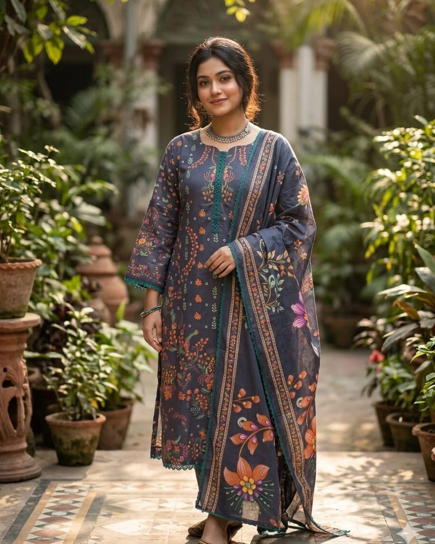 Aria Floral Charcoal Cotton Salwar Suit