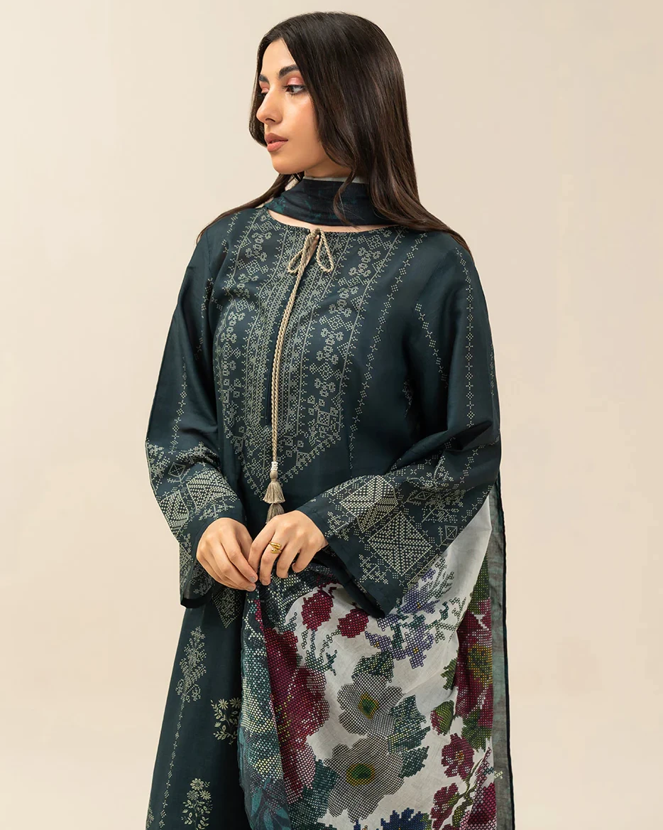 Beechtree 3 piece Unstitched Printed Lawn suit- Teal Green