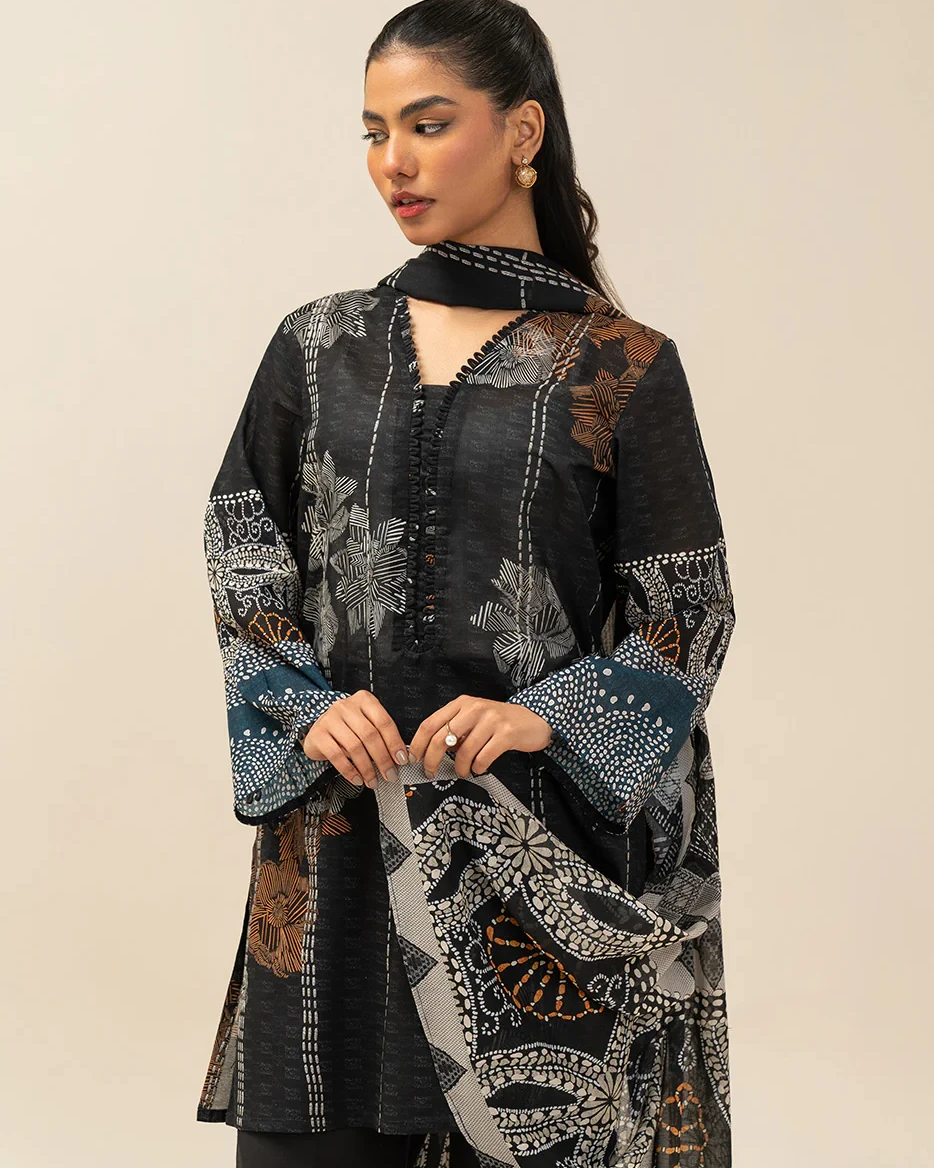 Beechtree 3 piece Unstitched Printed Lawn suit- Black Motif