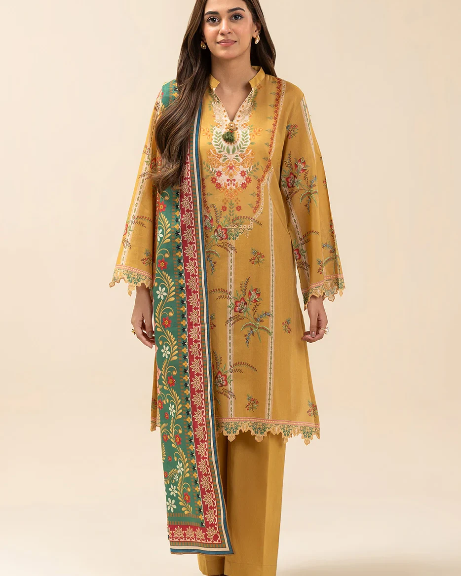 Beechtree 3 piece Unstitched Printed Lawn suit- Mustard Yellow 