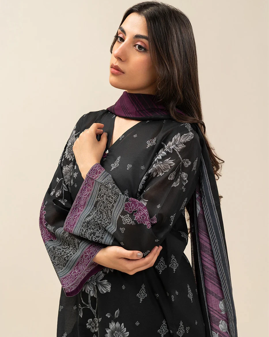 Beechtree 3 piece Unstitched Printed Lawn suit- Charcoal Black