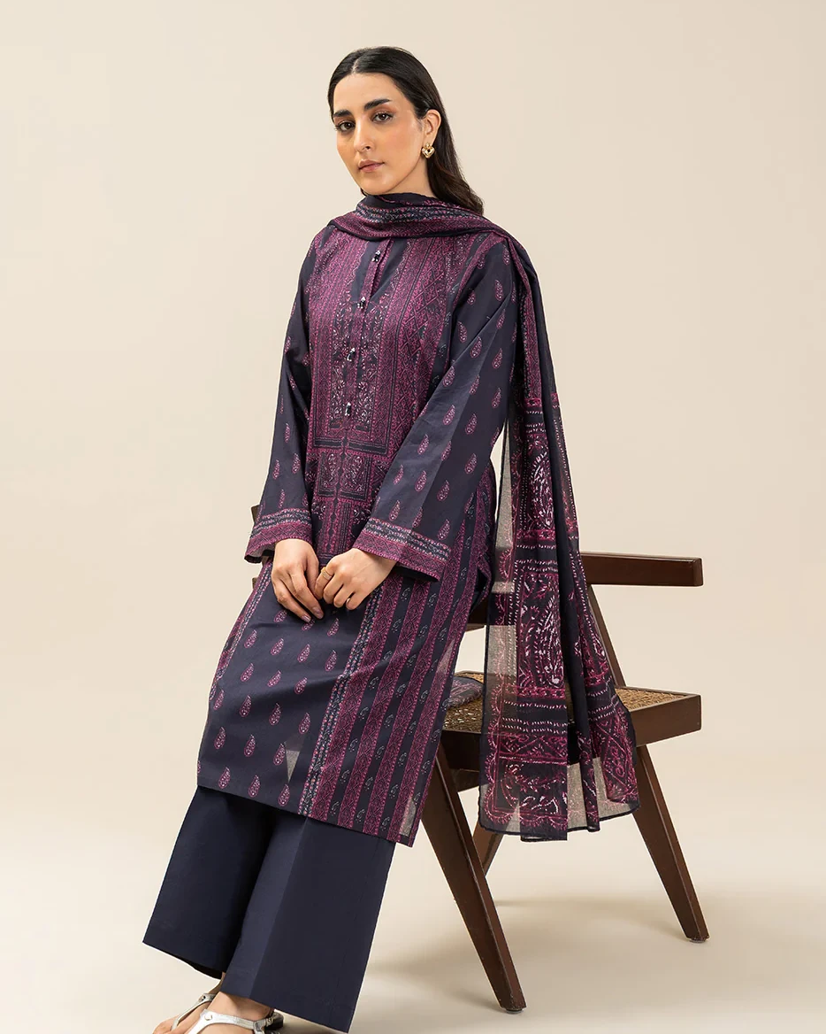 Beechtree 3 piece Unstitched Printed Lawn suit-Midnt Paisly 