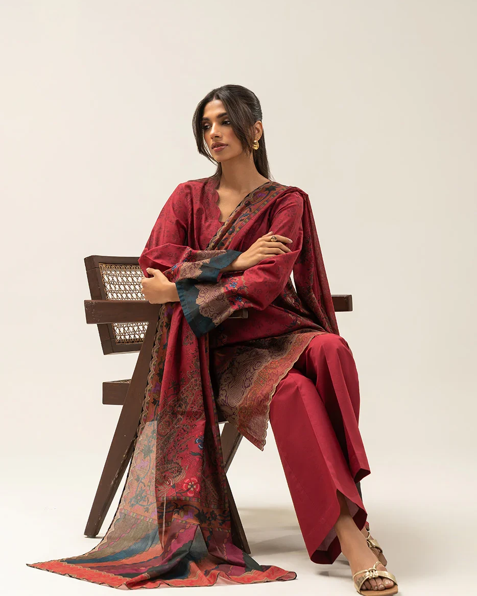 Beechtree 3 piece Unstitched Printed Lawn suit- Crimson Red